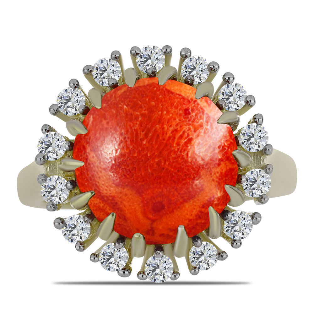 Goldplattierter Silberring mit roter Schwammkoralle und weißem Topas 1 