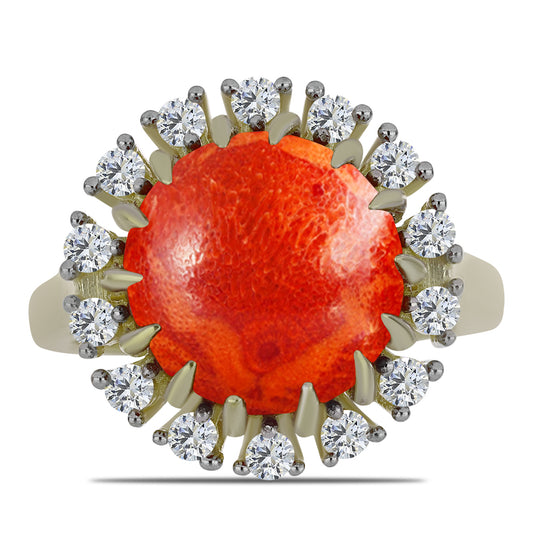 Goldplattierter Silberring mit roter Schwammkoralle und weißem Topas