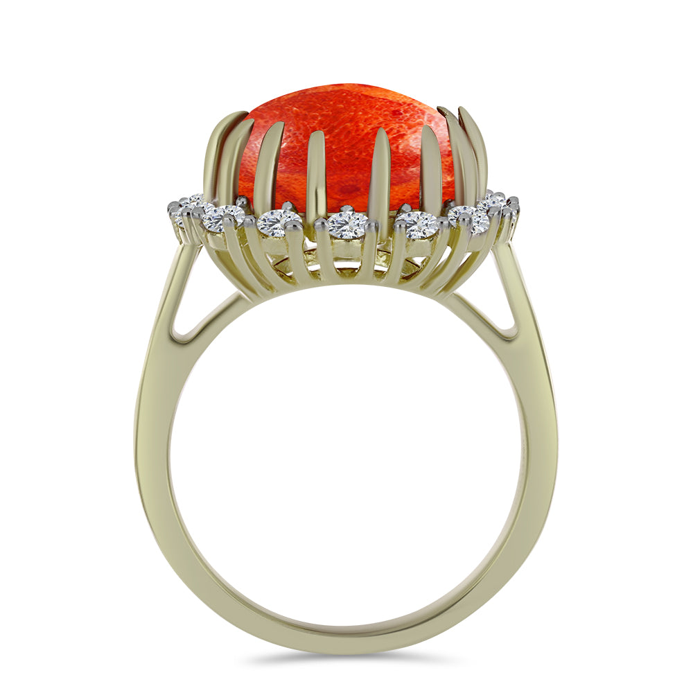 Goldplattierter Silberring mit roter Schwammkoralle und weißem Topas