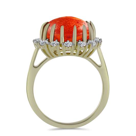 Goldplattierter Silberring mit roter Schwammkoralle und weißem Topas