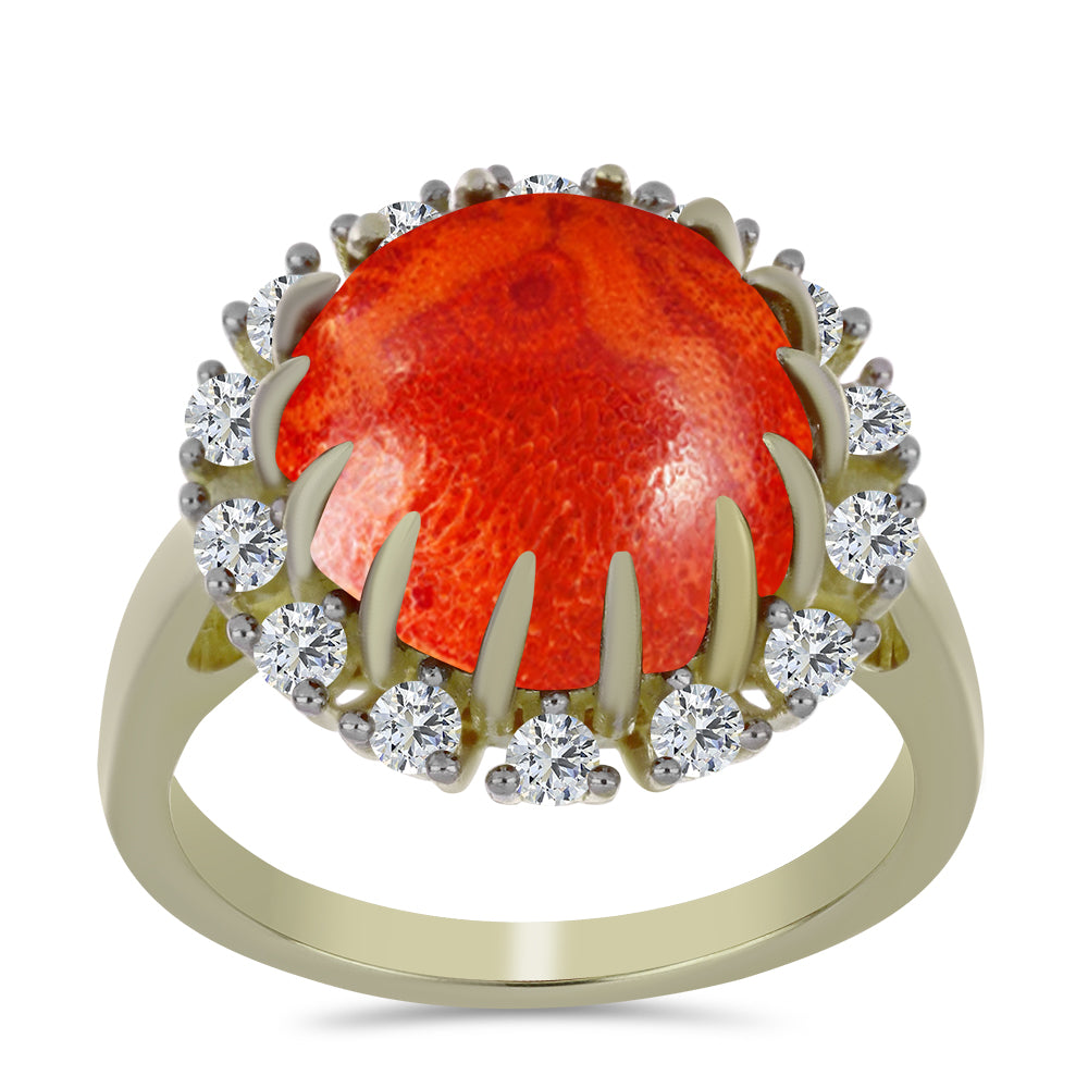 Goldplattierter Silberring mit roter Schwammkoralle und weißem Topas