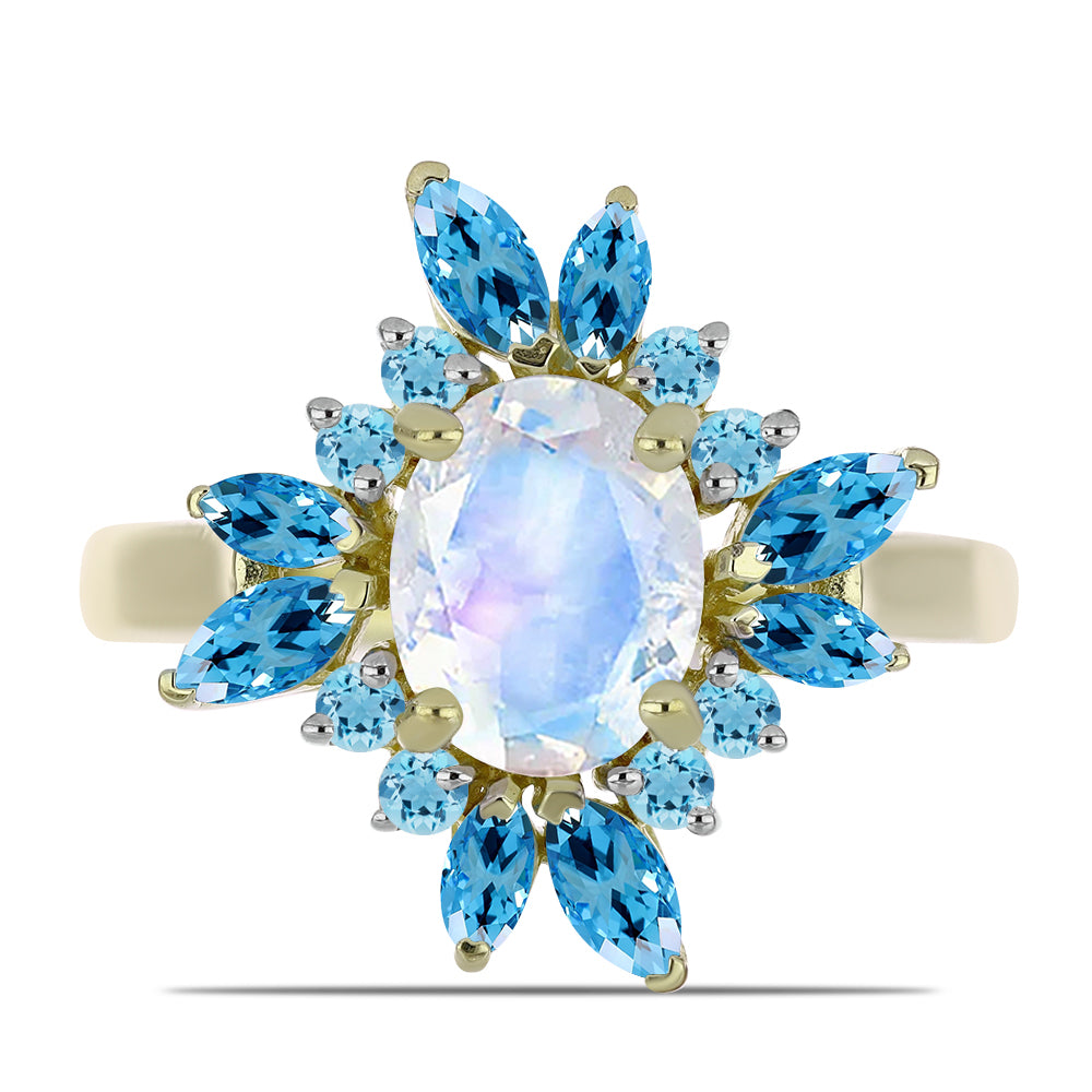 Goldplattierter Silberring mit Regenbogenmondstein und schweizerischem Blautopas 1 