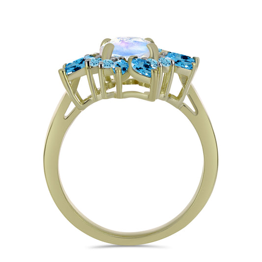 Goldplattierter Silberring mit Regenbogenmondstein und schweizerischem Blautopas