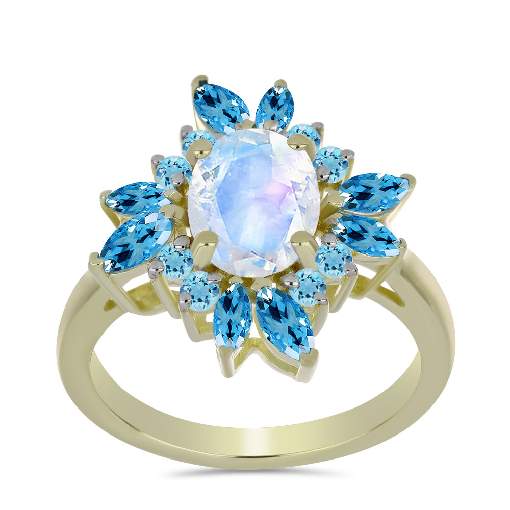 Goldplattierter Silberring mit Regenbogenmondstein und schweizerischem Blautopas 3 