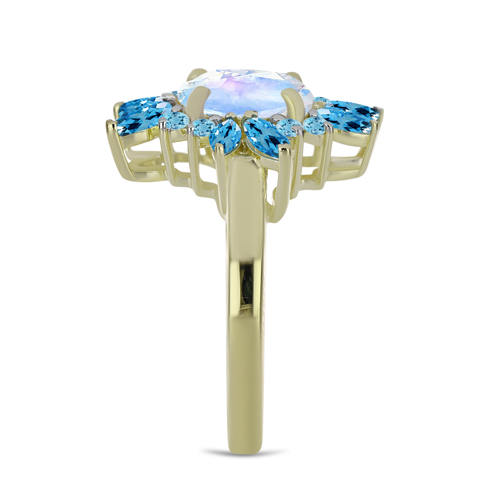 Goldplattierter Silberring mit Regenbogenmondstein und schweizerischem Blautopas