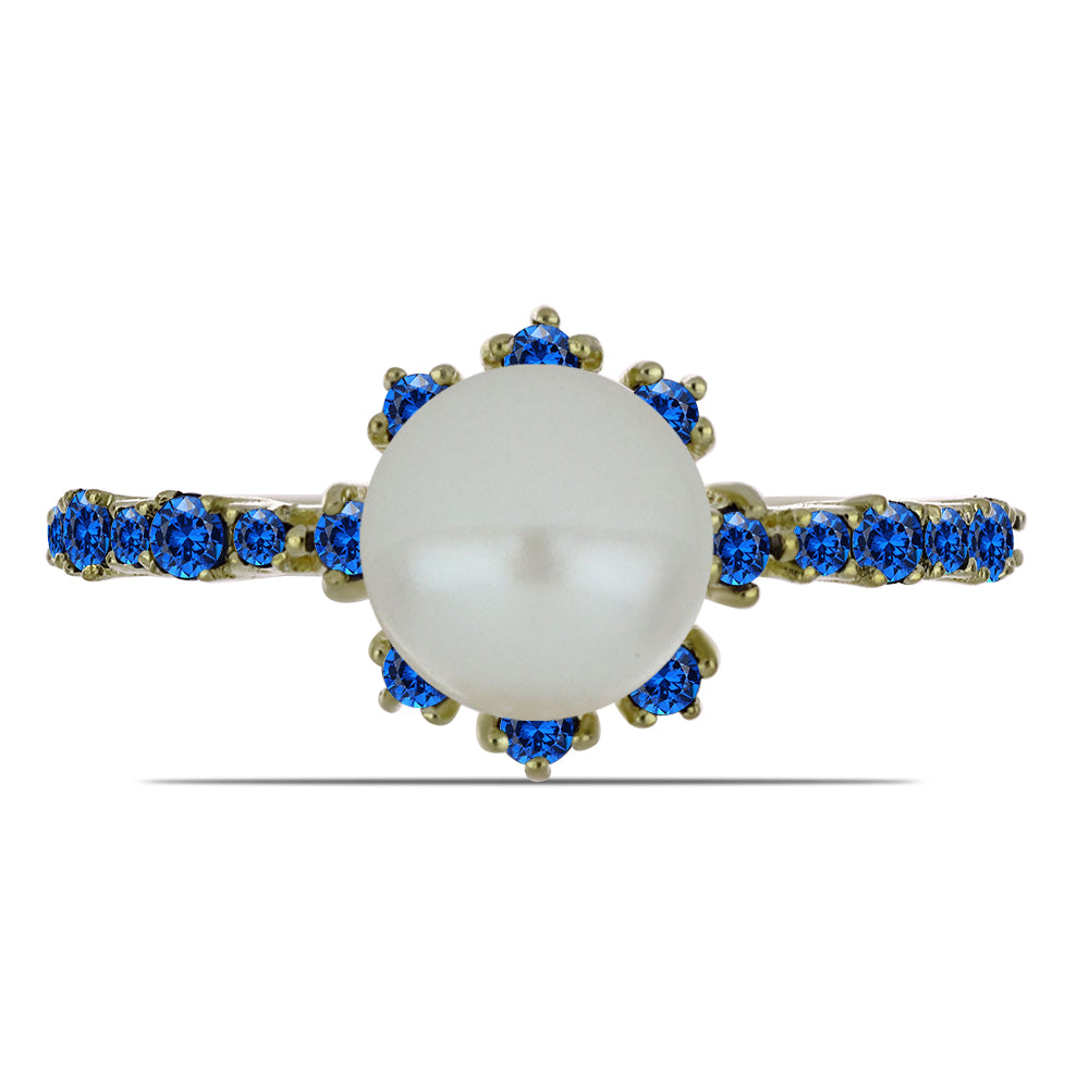 Goldplattierter Silberring mit weißer Süßwasserperle und australischem blauem Saphir 1 