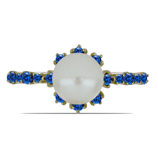 Goldplattierter Silberring mit weißer Süßwasserperle und australischem blauem Saphir