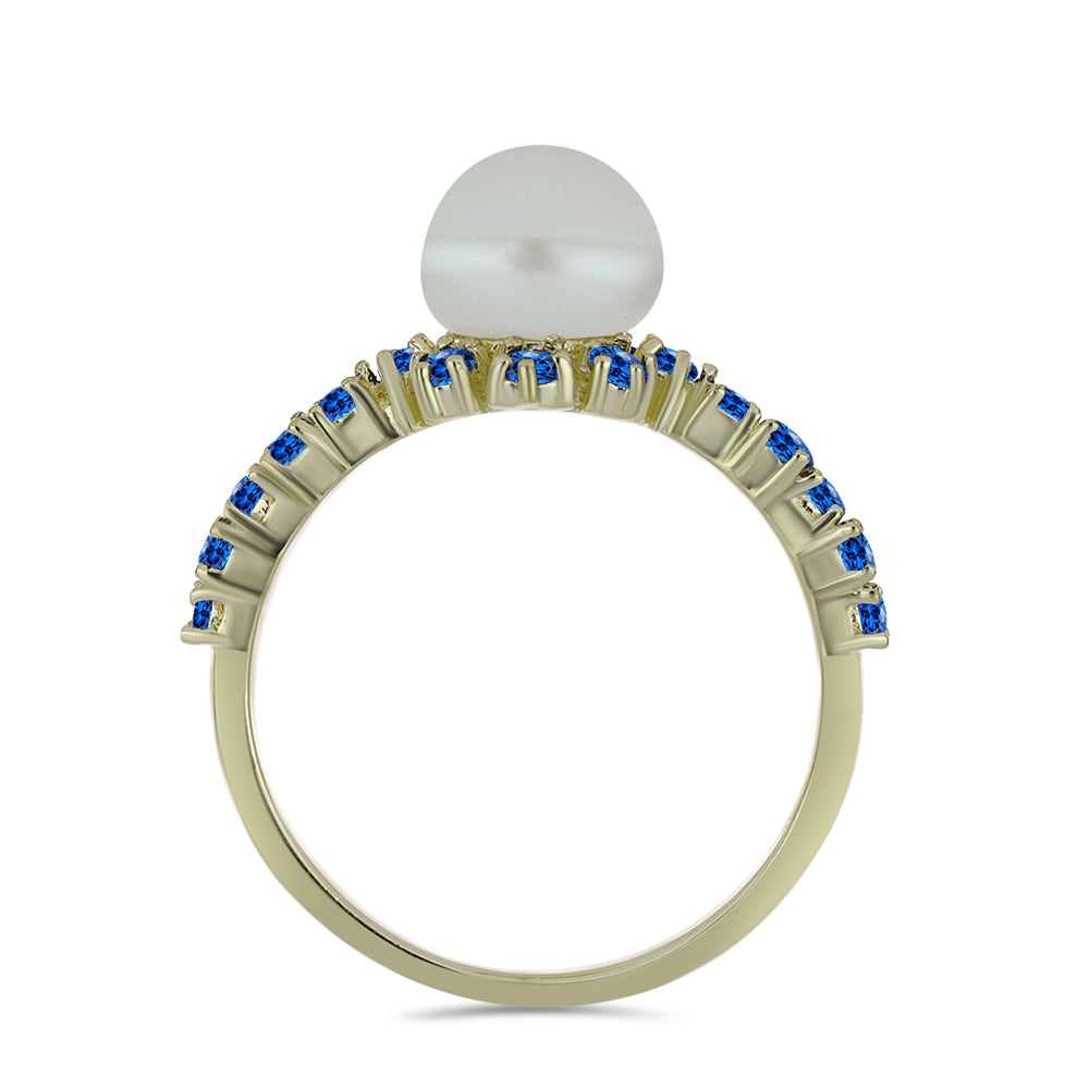 Goldplattierter Silberring mit weißer Süßwasserperle und australischem blauem Saphir