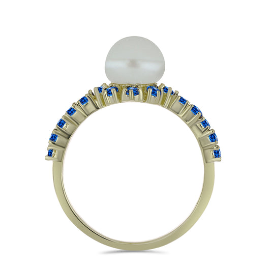Goldplattierter Silberring mit weißer Süßwasserperle und australischem blauem Saphir