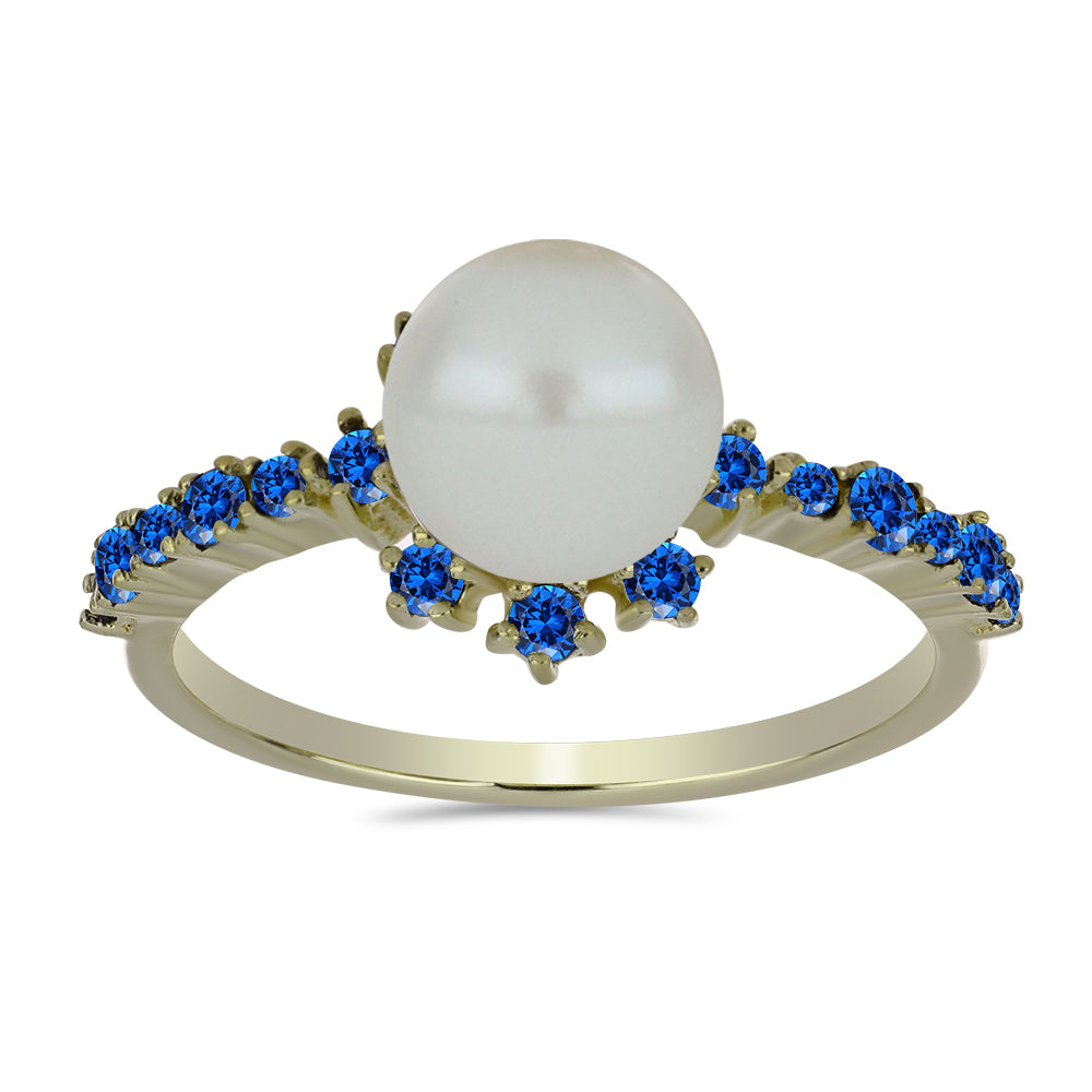 Goldplattierter Silberring mit weißer Süßwasserperle und australischem blauem Saphir 3 