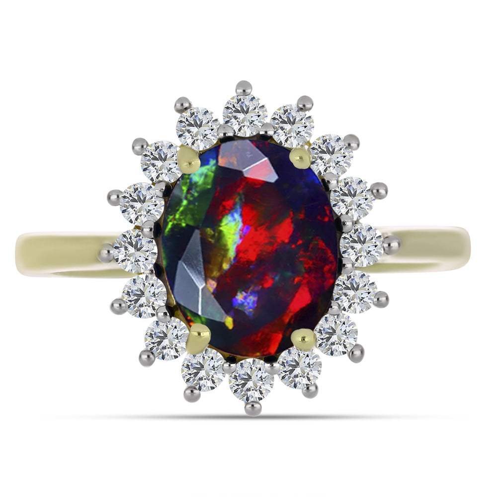 Goldplattierter Silberring mit mitternachtsschwarzem äthiopischen Opal aus Lega Dembi und weißem Topas