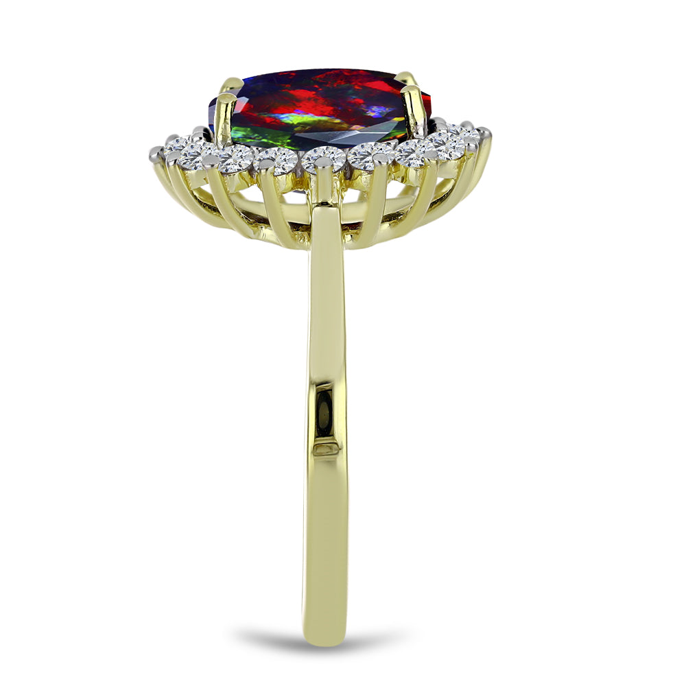 Goldplattierter Silberring mit mitternachtsschwarzem äthiopischen Opal aus Lega Dembi und weißem Topas