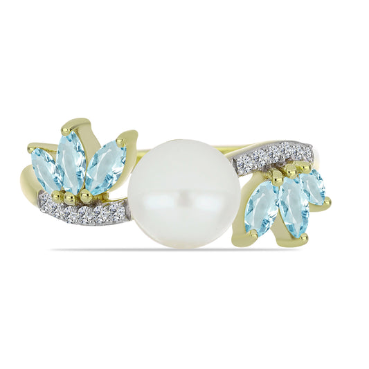 Goldplattierter Silberring mit weißer Süßwasserperle und Aquamarin
