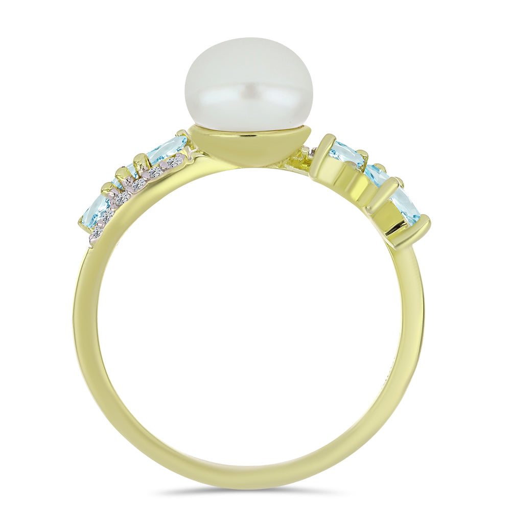 Goldplattierter Silberring mit weißer Süßwasserperle und Aquamarin