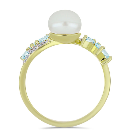 Goldplattierter Silberring mit weißer Süßwasserperle und Aquamarin