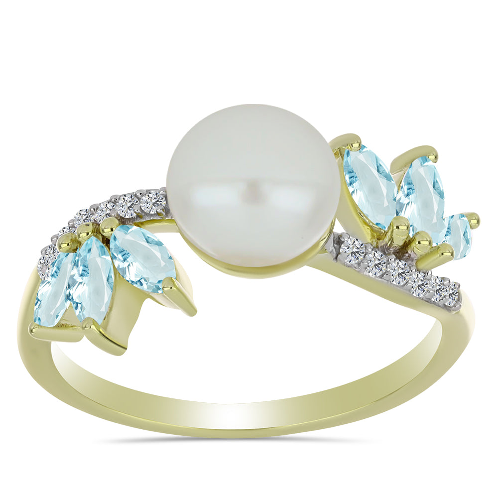 Goldplattierter Silberring mit weißer Süßwasserperle und Aquamarin 3 