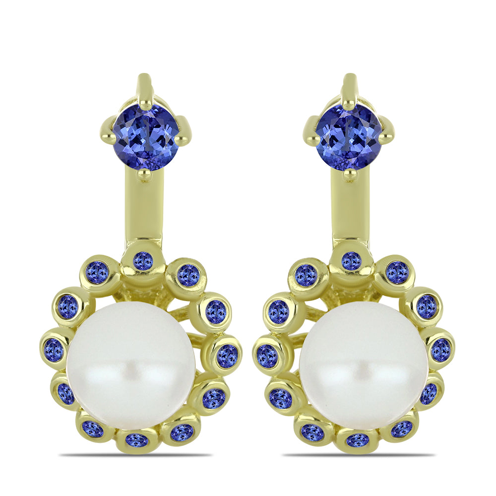 Goldplattierte Silberohrringe mit weißer Süßwasserperle und Tansanit