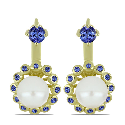 Goldplattierte Silberohrringe mit weißer Süßwasserperle und Tansanit