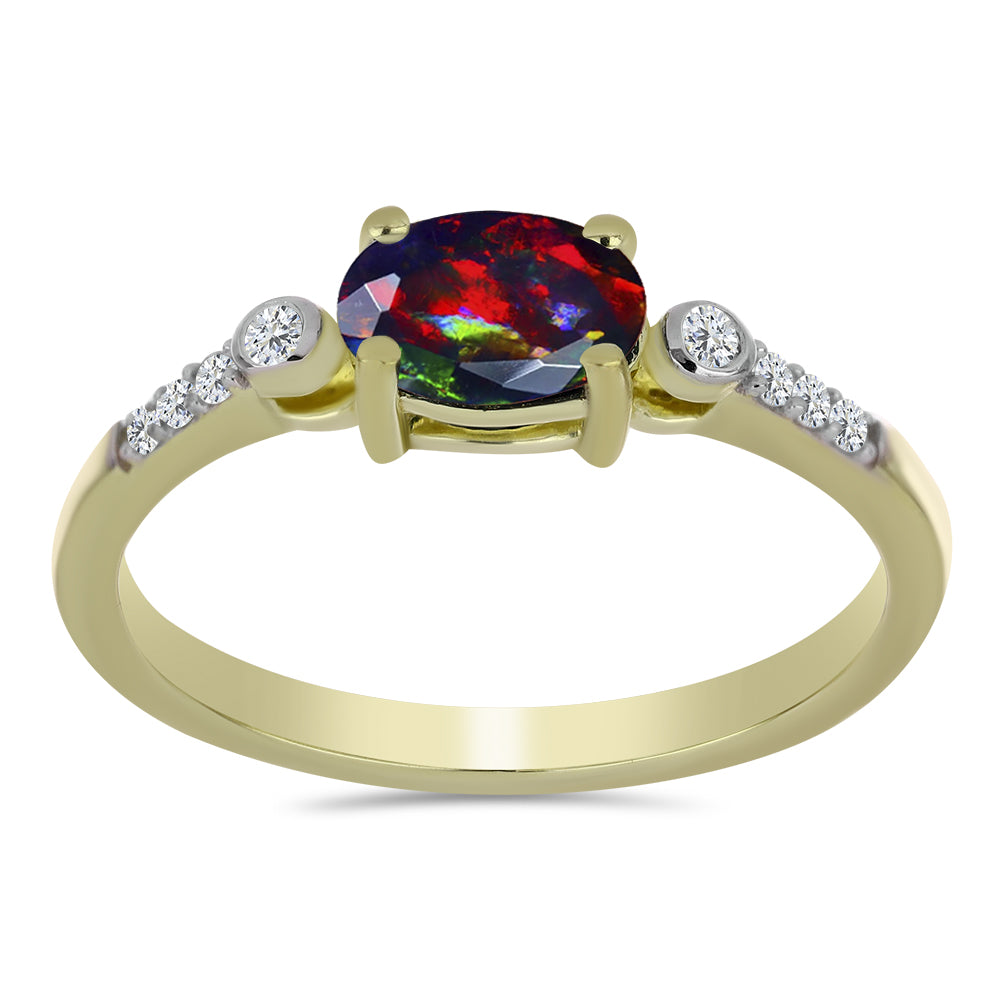 Goldplattierter Silberring mit mitternachtsschwarzem äthiopischen Opal aus Lega Dembi und weißem Topas