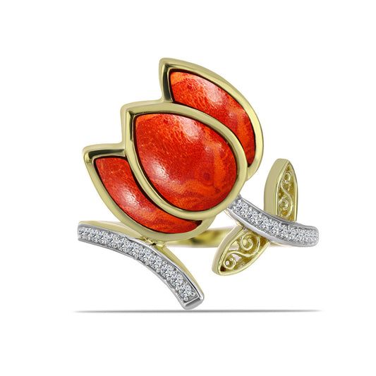 Goldplattierter Silberring mit roter Schwammkoralle und weißem Topas