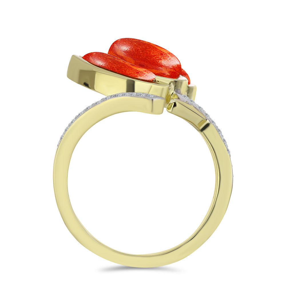 Goldplattierter Silberring mit roter Schwammkoralle und weißem Topas