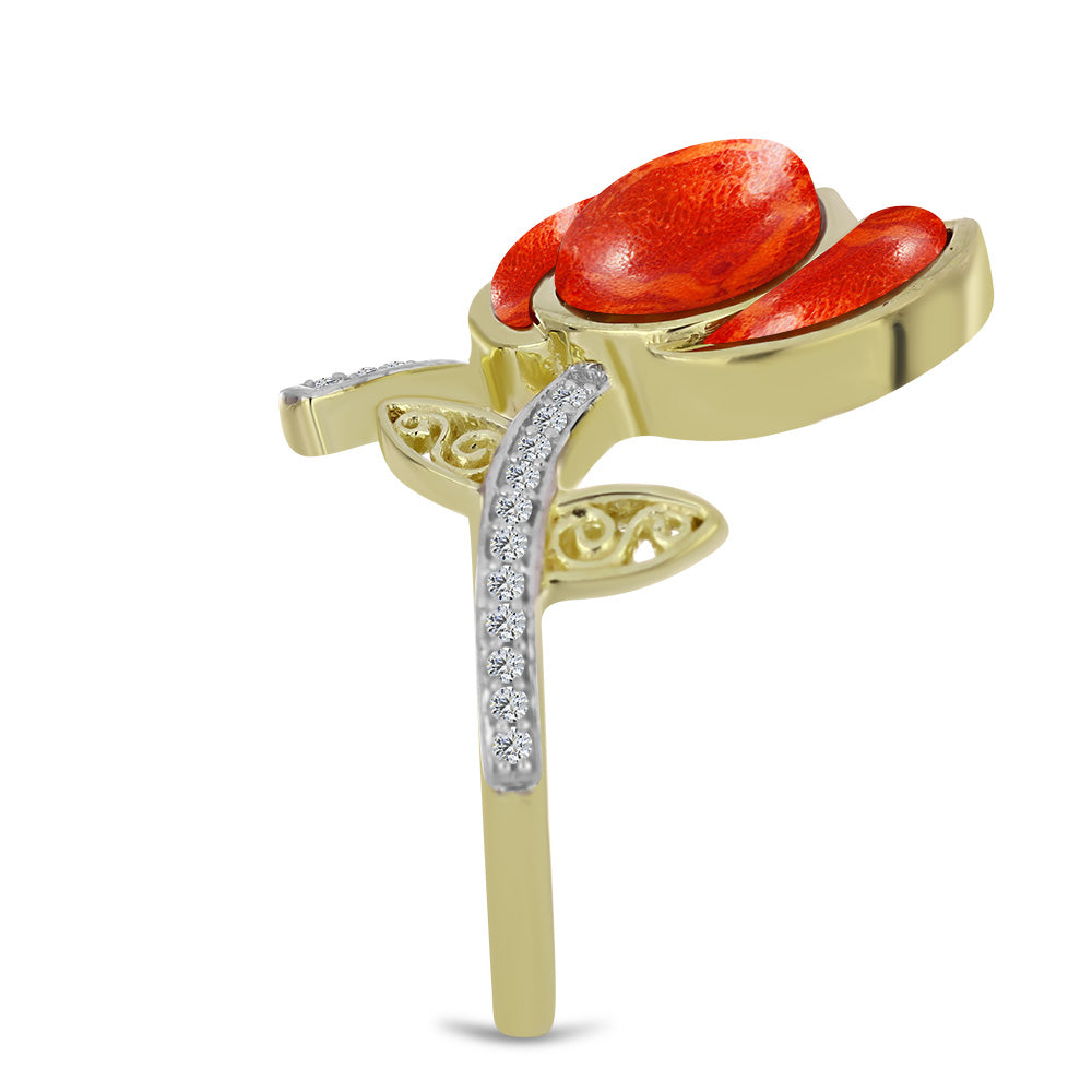 Goldplattierter Silberring mit roter Schwammkoralle und weißem Topas
