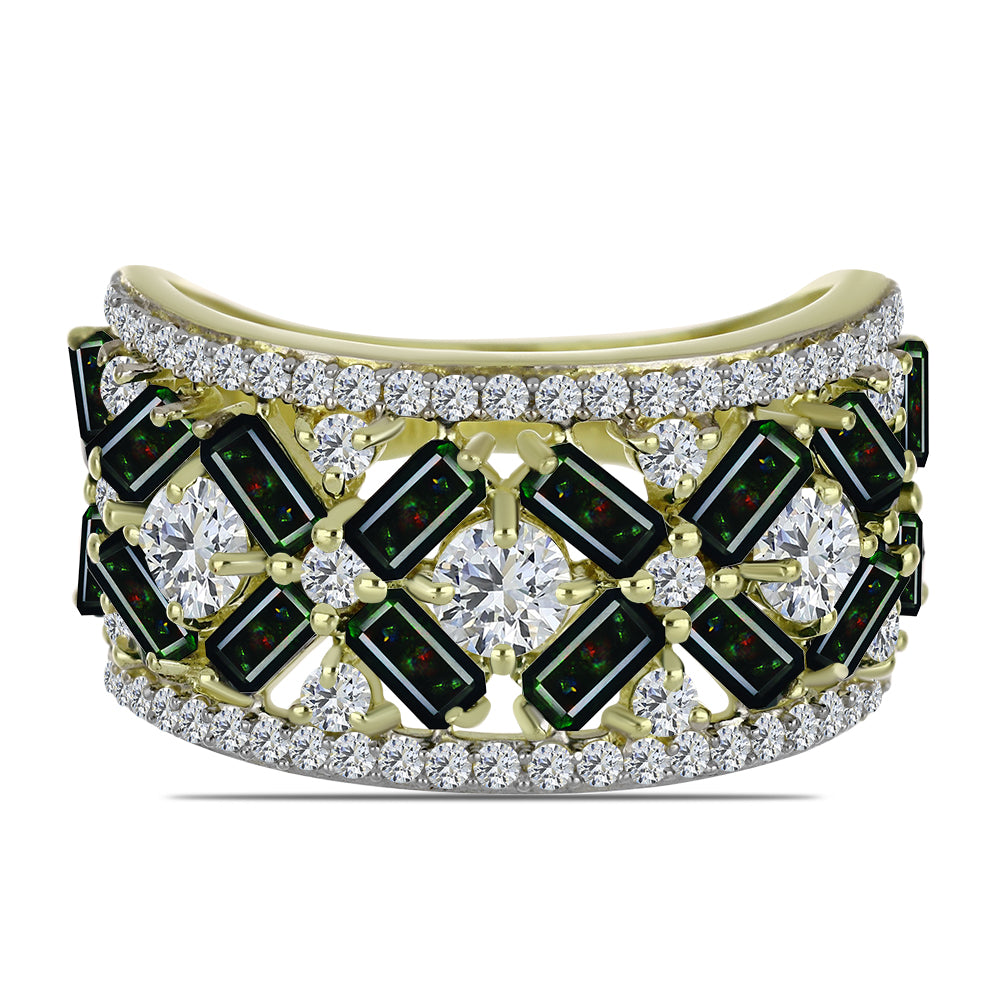 Goldplattierter Silberring mit mitternachtsschwarzem äthiopischen Opal aus Lega Dembi und weißem Topas