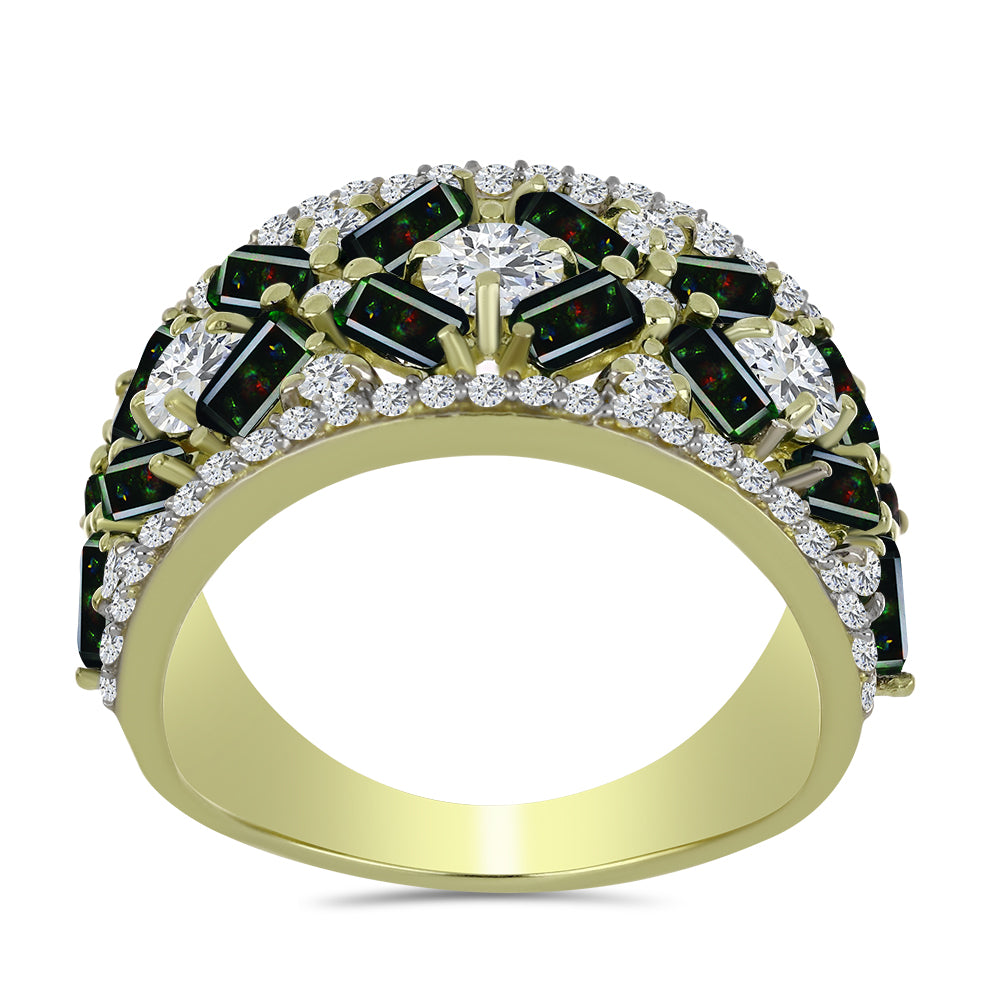 Goldplattierter Silberring mit mitternachtsschwarzem äthiopischen Opal aus Lega Dembi und weißem Topas 3 