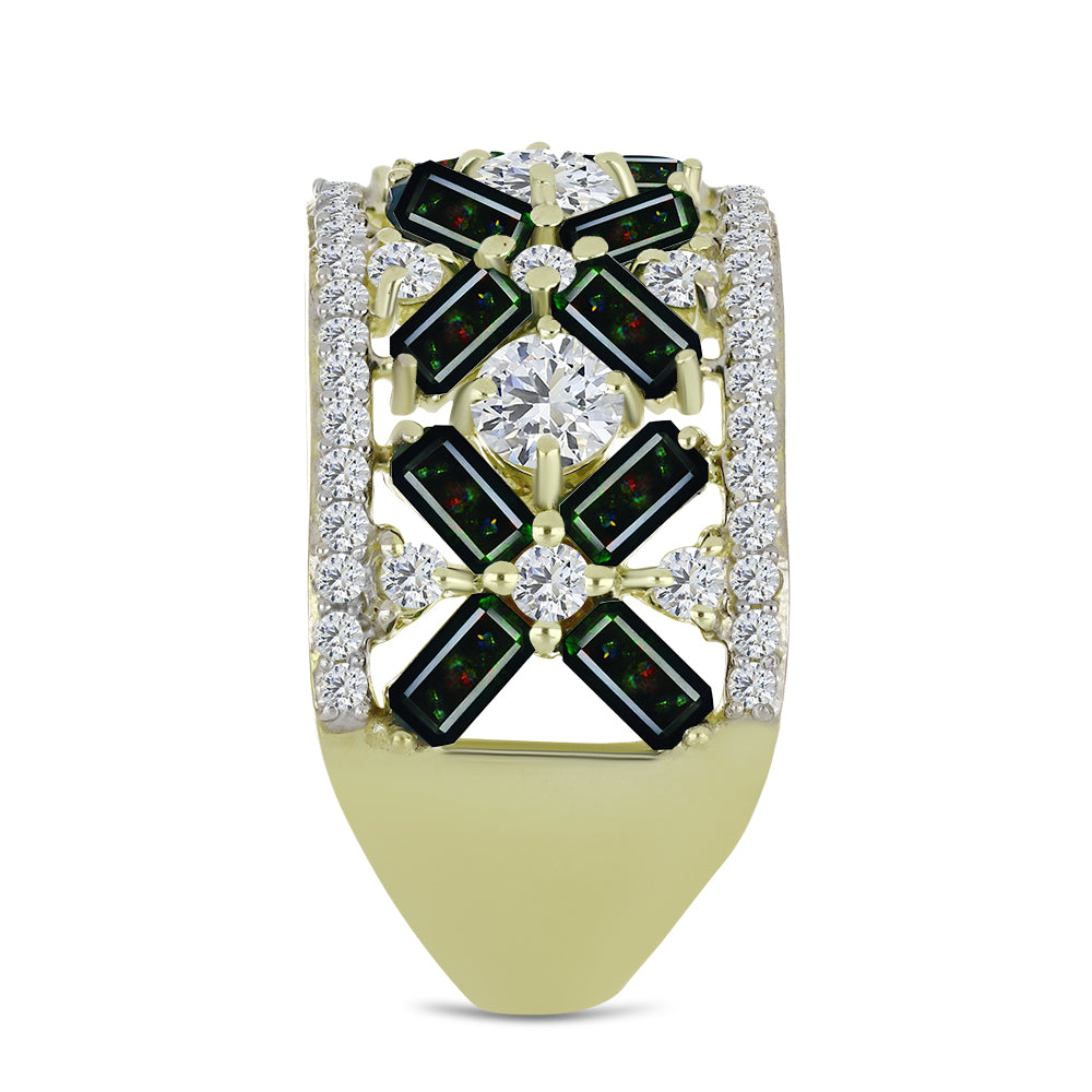 Goldplattierter Silberring mit mitternachtsschwarzem äthiopischen Opal aus Lega Dembi und weißem Topas