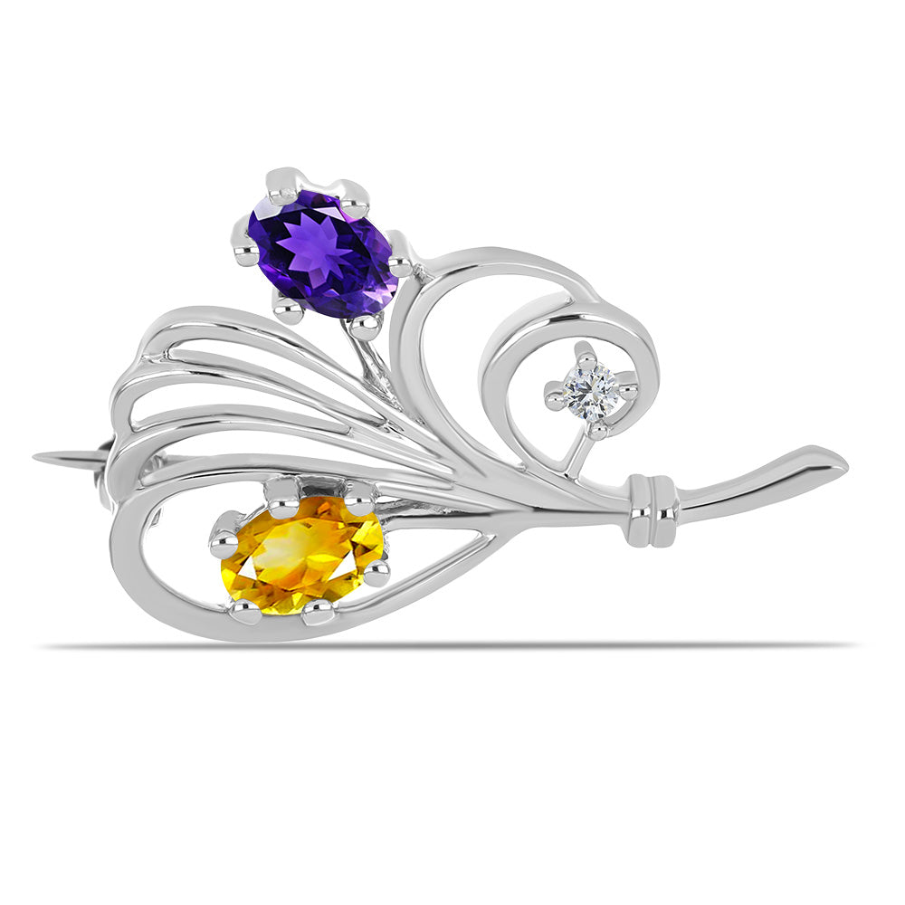 Silberbrosche mit Zitrin aus dem Ural und marokkanischem Amethyst 1 