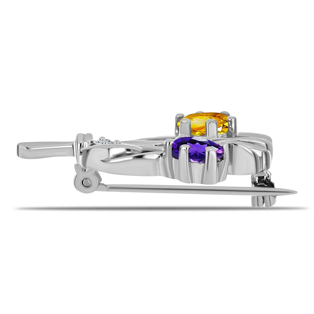 Silberbrosche mit Zitrin aus dem Ural und marokkanischem Amethyst 2 