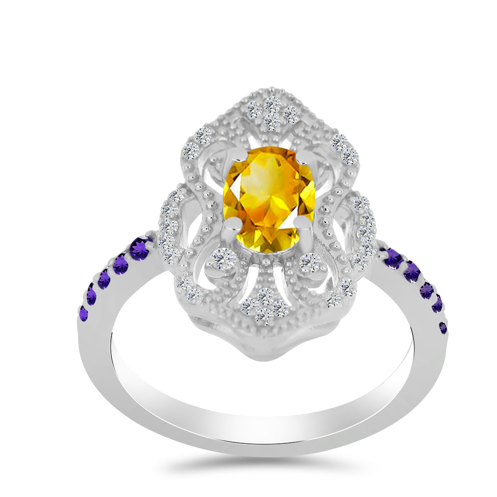 Silberring mit Zitrin aus dem Ural und marokkanischem Amethyst