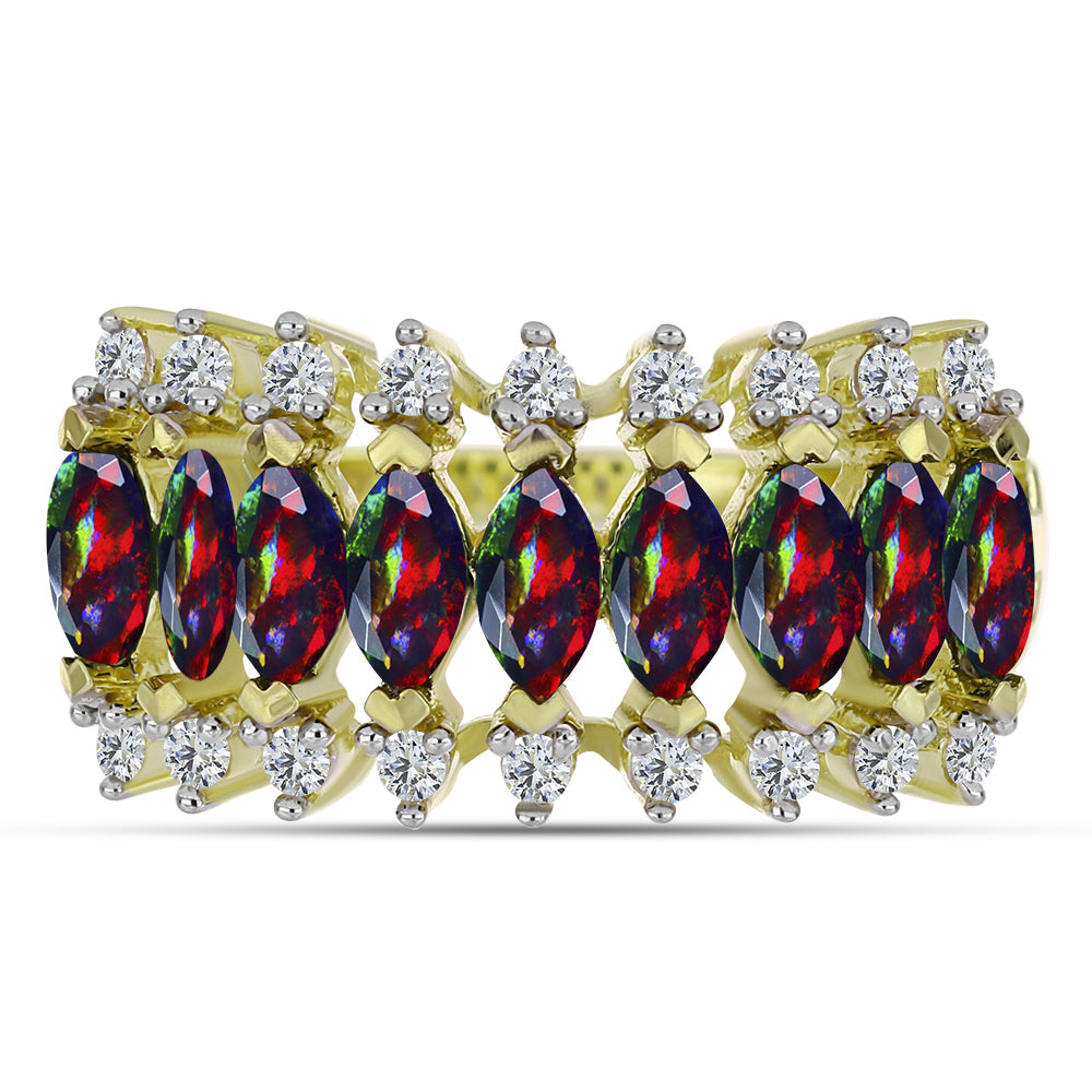 Goldplattierter Silberring mit mitternachtsschwarzem äthiopischen Opal aus Lega Dembi und weißem Topas