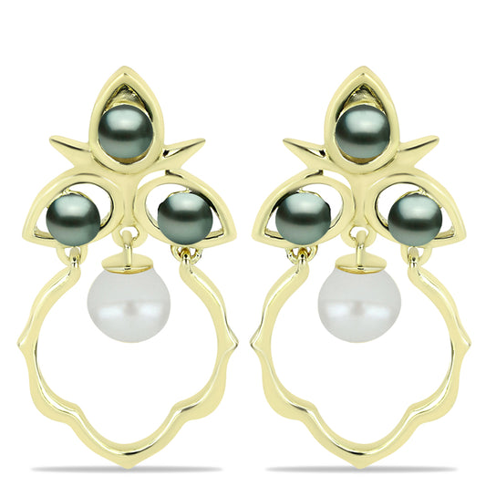 Goldplattierte Silberohrringe mit Tahitigrüne-Illusion Süßwasserperle und weißer Süßwasserperle