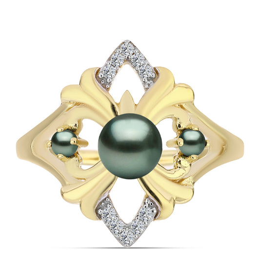 Goldplattierter Silberring mit Tahitigrüne-Illusion Süßwasserperle und weißem Topas