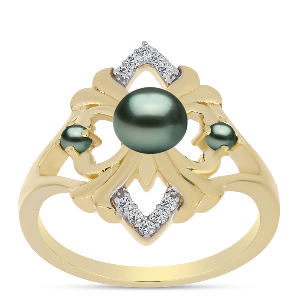 Goldplattierter Silberring mit Tahitigrüne-Illusion Süßwasserperle und weißem Topas 3 