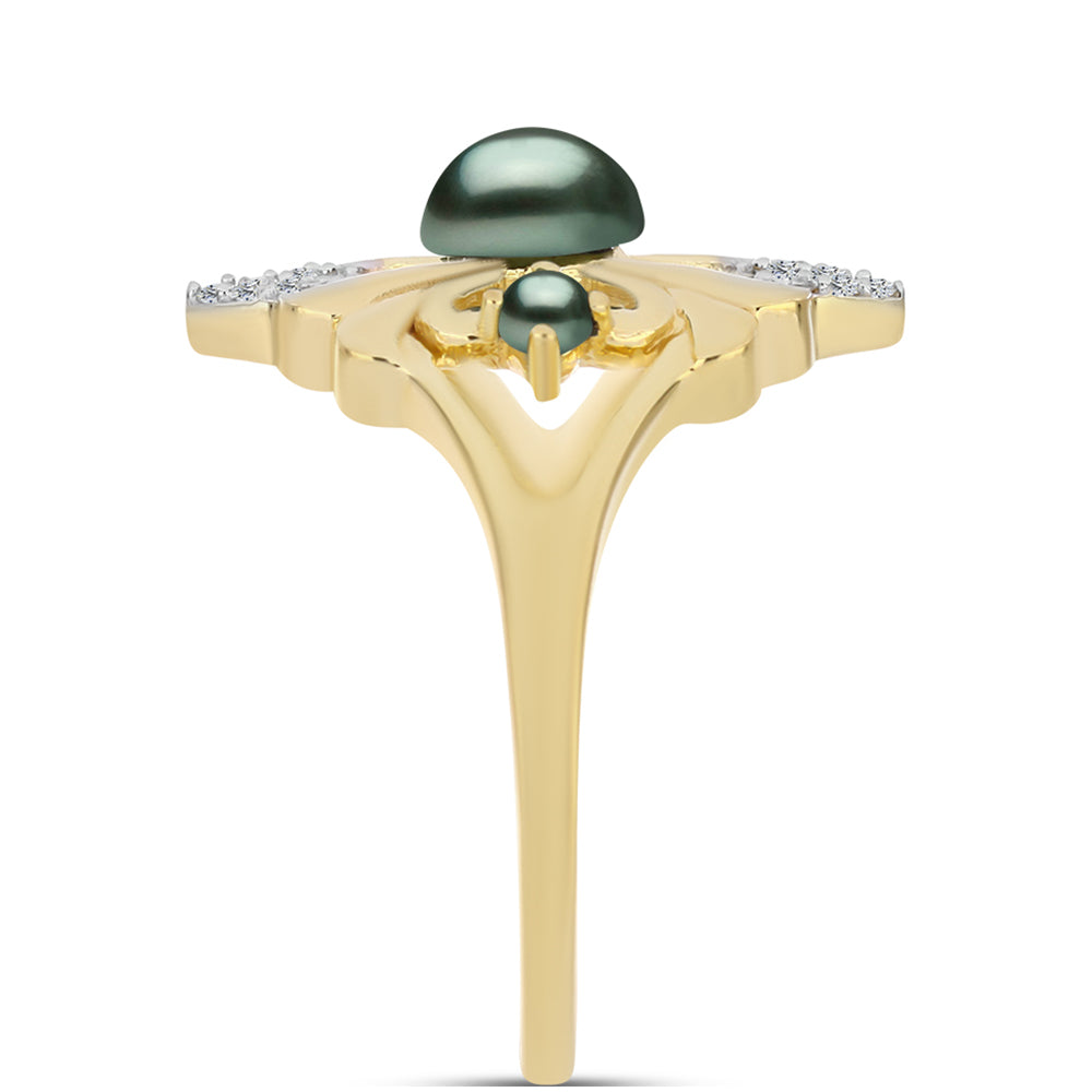 Goldplattierter Silberring mit Tahitigrüne-Illusion Süßwasserperle und weißem Topas