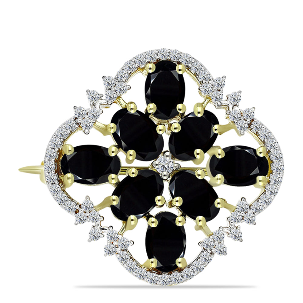 Goldplattierte Silberbrosche mit schwarzem Onyx und weißem Topas