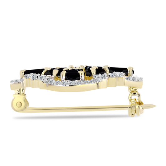 Goldplattierte Silberbrosche mit schwarzem Onyx und weißem Topas