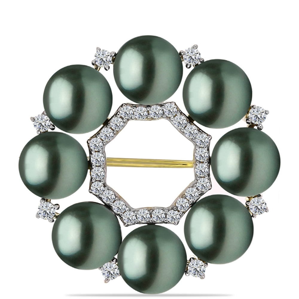 Goldplattierte Silberbrosche mit Tahitigrüne-Illusion Süßwasserperle und weißem Topas