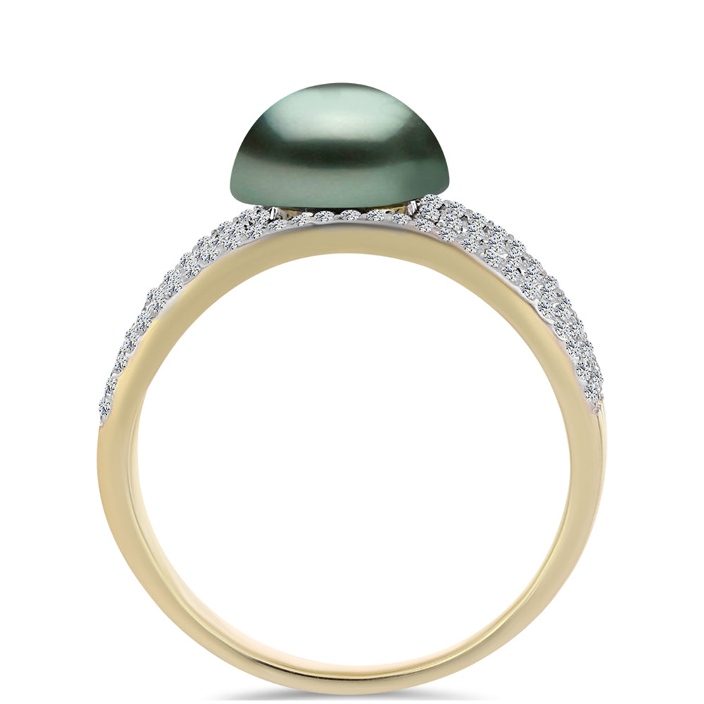 Goldplattierter Silberring mit Tahitigrüne-Illusion Süßwasserperle und weißem Topas