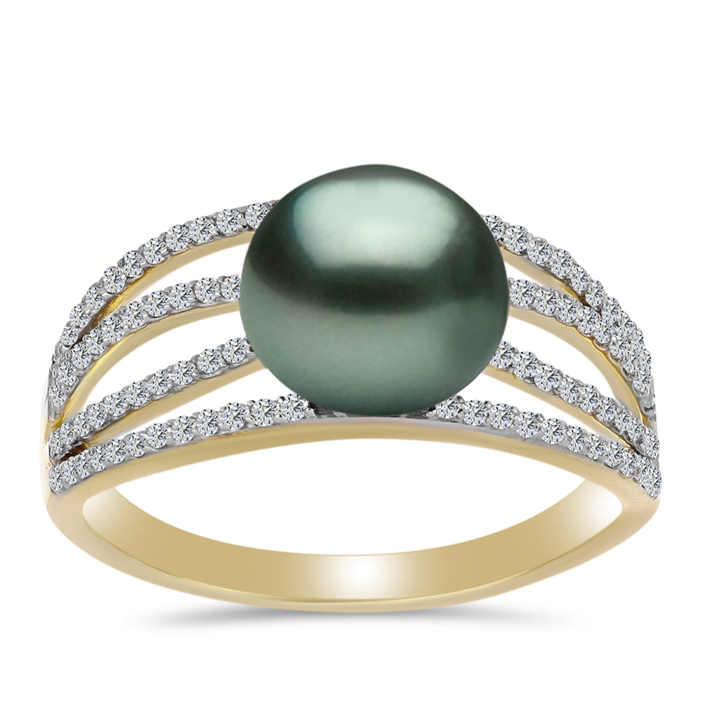 Goldplattierter Silberring mit Tahitigrüne-Illusion Süßwasserperle und weißem Topas