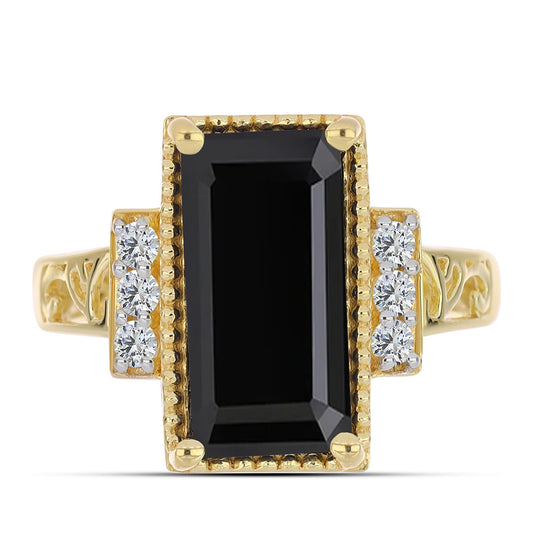 Goldplattierter Silberring mit schwarzem Onyx und weißem Topas