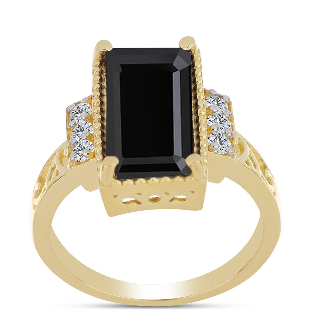 Goldplattierter Silberring mit schwarzem Onyx und weißem Topas