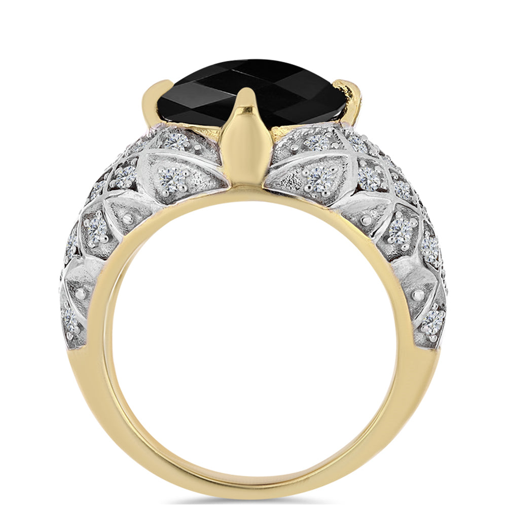 Goldplattierter Silberring mit schwarzem Onyx und weißem Topas 2 