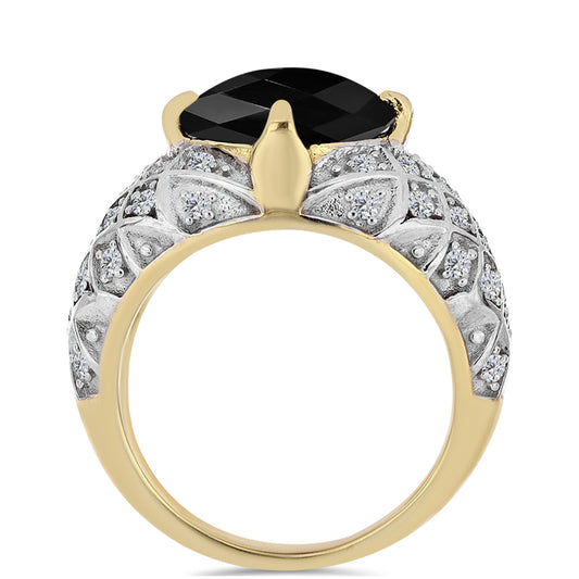 Goldplattierter Silberring mit schwarzem Onyx und weißem Topas