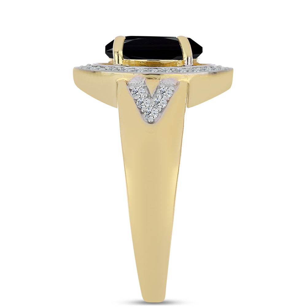 Goldplattierter Silberring mit schwarzem Onyx und weißem Topas