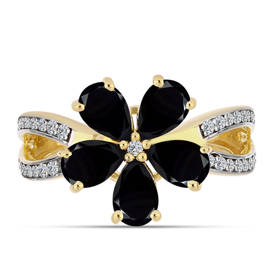 Goldplattierter Silberring mit schwarzem Onyx und weißem Topas