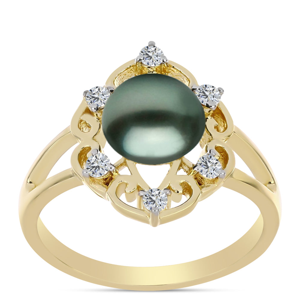 Goldplattierter Silberring mit Tahitigrüne-Illusion Süßwasserperle und weißem Topas 3 