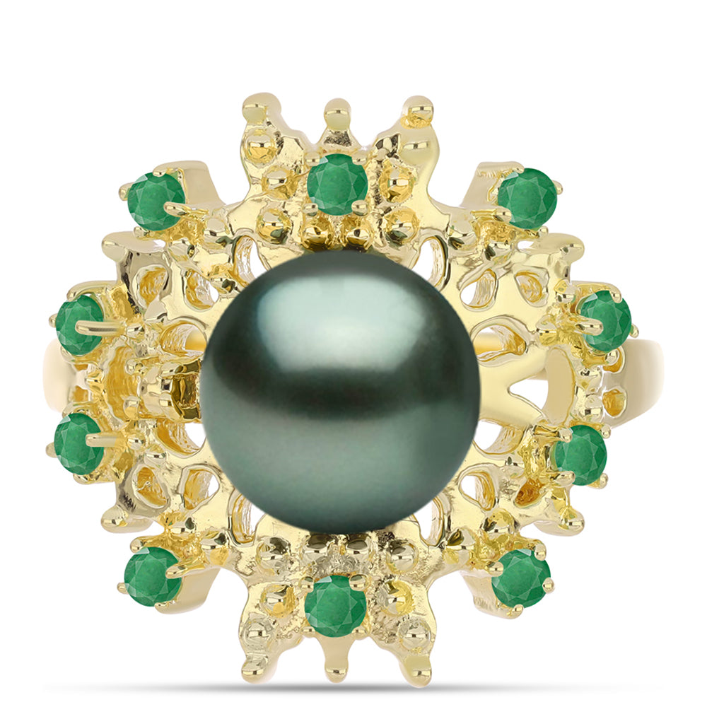 Goldplattierter Silberring mit Tahitigrüne-Illusion Süßwasserperle und brasilianischem Smaragd